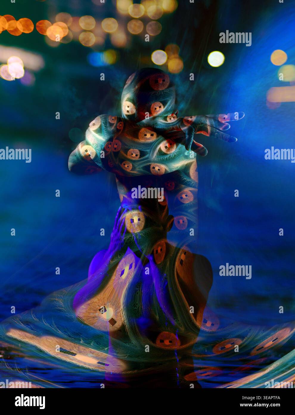 Konzeptuelle digitale Kunst einer Figur, die in vielen Augen vor einem Nachtstadt-Bokeh verdeckt ist. Metapher für Überwachung, soziale Medien und digitale Wahrnehmung. Stockfoto