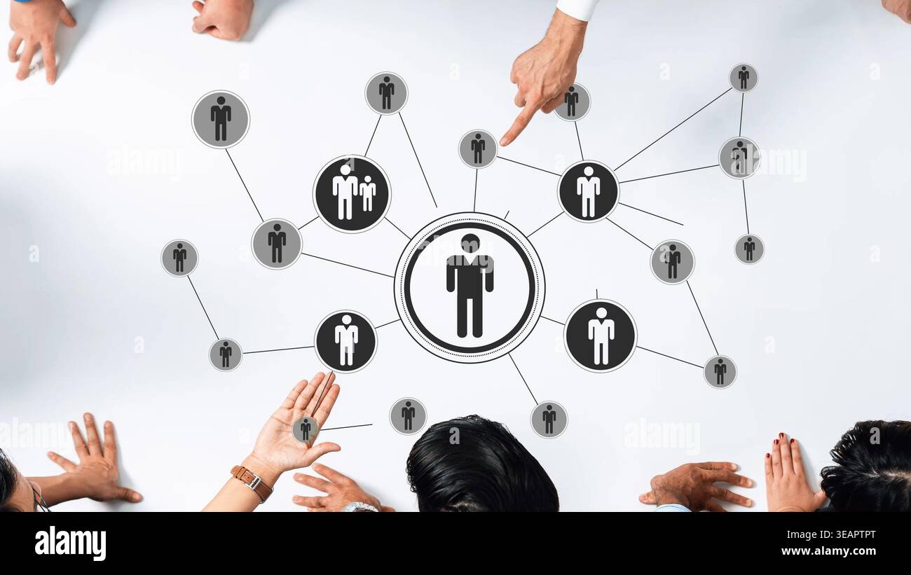 Kollaborative Netzwerkverbindungen werden durch die grafische Darstellung von Einzelpersonen präsentiert, die sich an Teamdynamik und Kommunikationsstrategien beteiligen Stockfoto