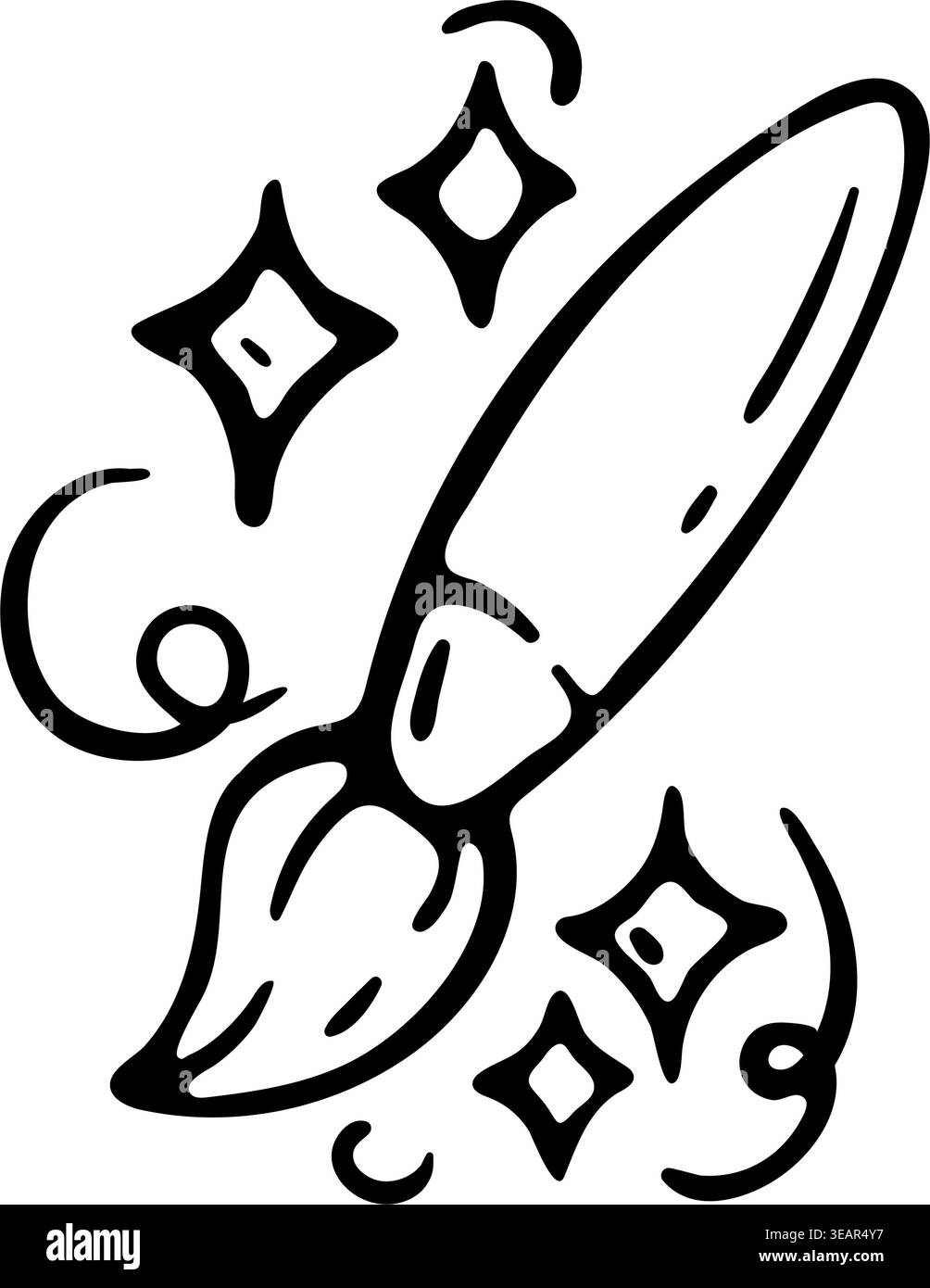 KI-Pinselsymbol für intelligente digitale Kunst und automatisierte Bilderstellung. Handgezeichnete Doodle-Illustration eines Pinsels mit magischen funkelnden Sternen. Stock Vektor