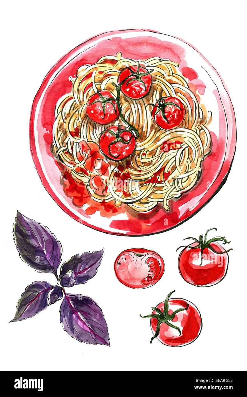 Gemüse und Kräuter in Aquarell. Skizzieren Sie Lebensmittel. Küchenposter. Pasta mit Tomaten, Kräutern, Kirschtomaten, Basilikum, Erbsen Stockfoto