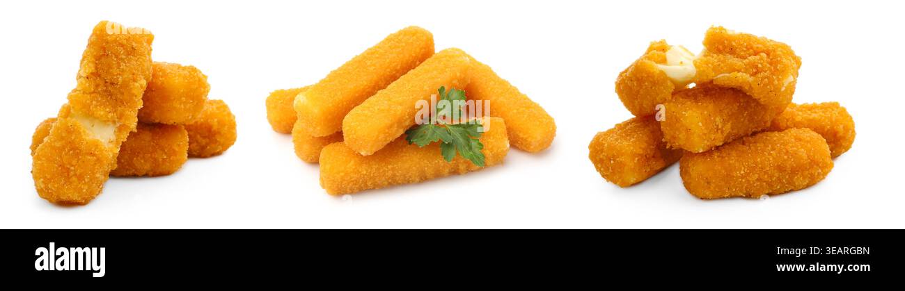 Köstliche gebratene Käsestäbchen isoliert auf weiß, Set Stockfoto
