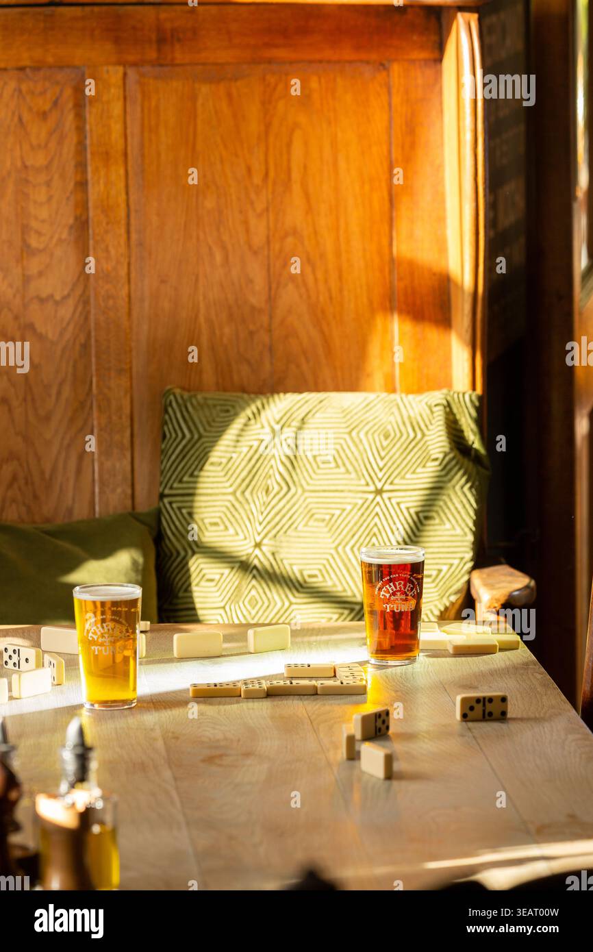 Entspannen Sie bei einem Pint und einem Spiel Dominosteine in einem gemütlichen Bereich eines britischen Pubs. Stockfoto
