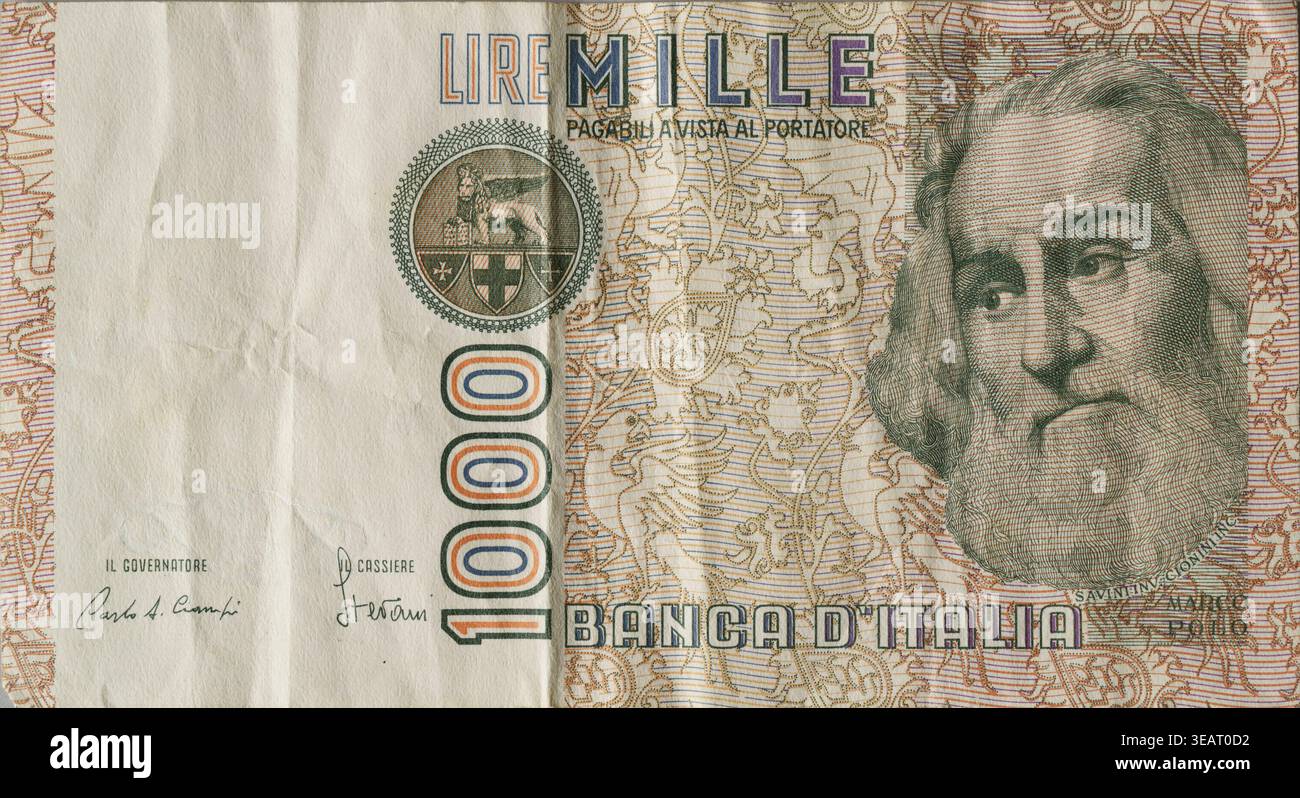 Vorderseite der italienischen 1000 Lira Note mit Bild von Marco Polo Stockfoto