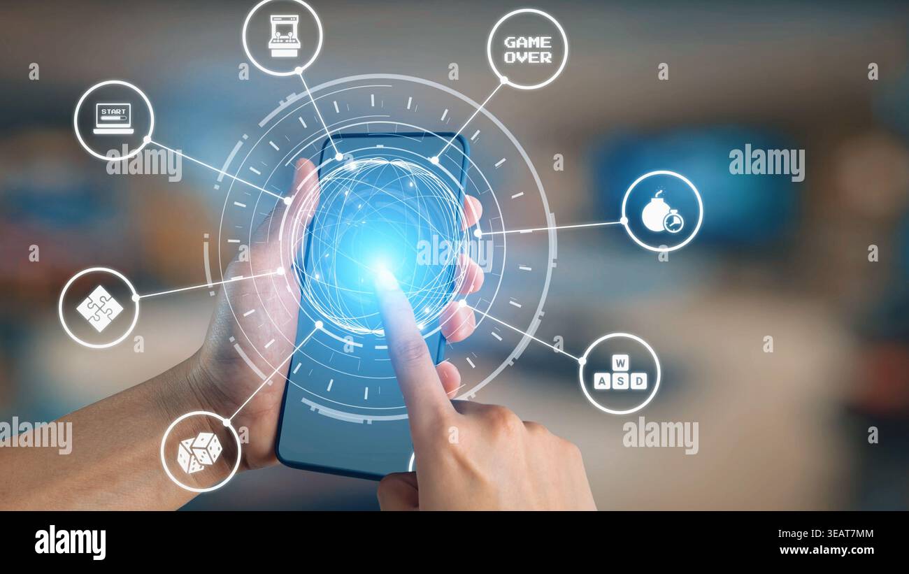 Gaming-Symbole zeigen Online-Spiele, Spiele-Streaming und interaktives Spielen. Gaming unterstützt E-Sport, Spiel-Community und digitales Gaming-Erlebnis. Gist Stockfoto