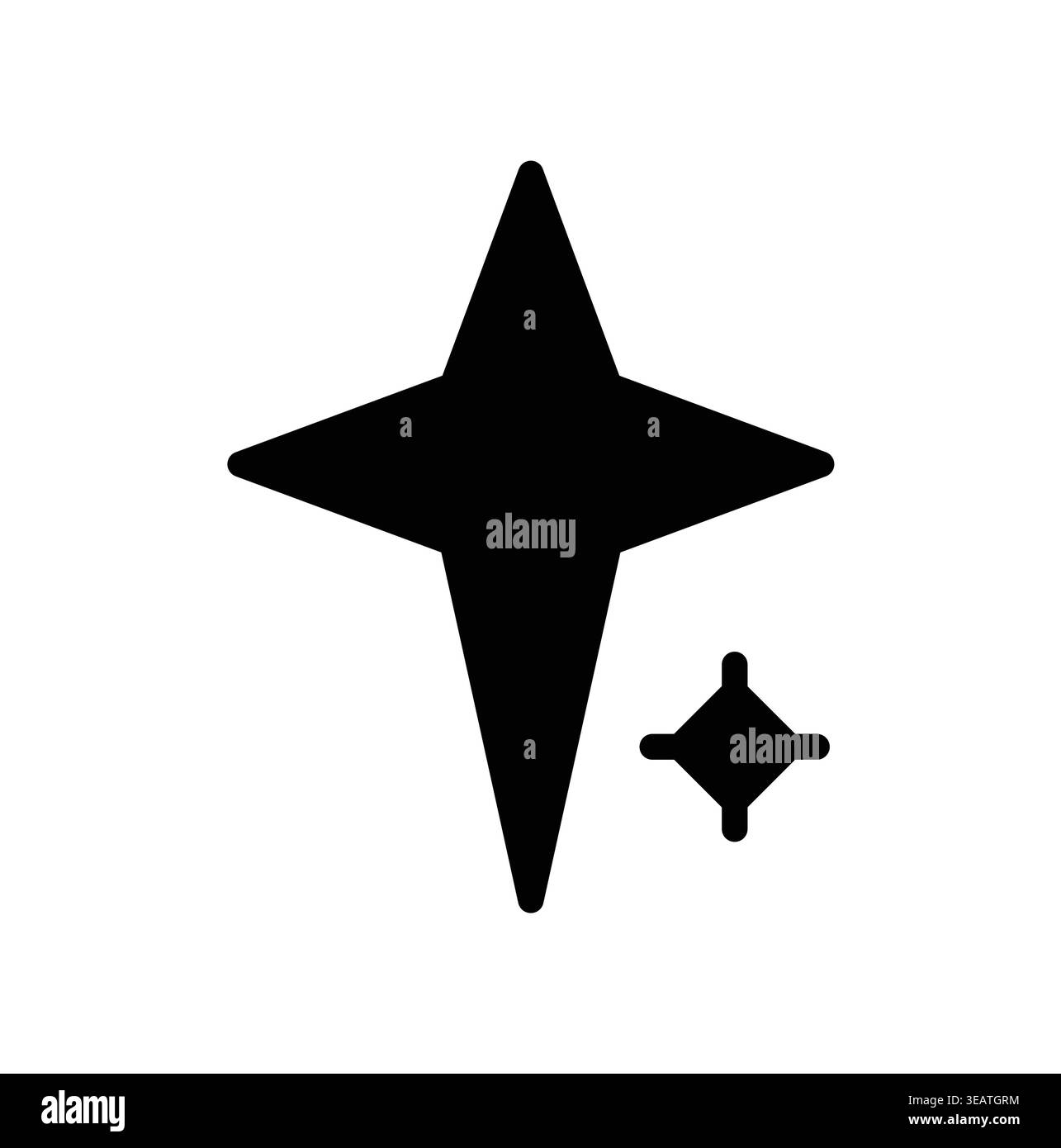 Dieses Bild zeigt einen schwarzen Stern und glitzernde Symbole auf weißem Hintergrund, perfekt für kreative Designprojekte, Logos oder künstlerische Illustrationen. Stock Vektor