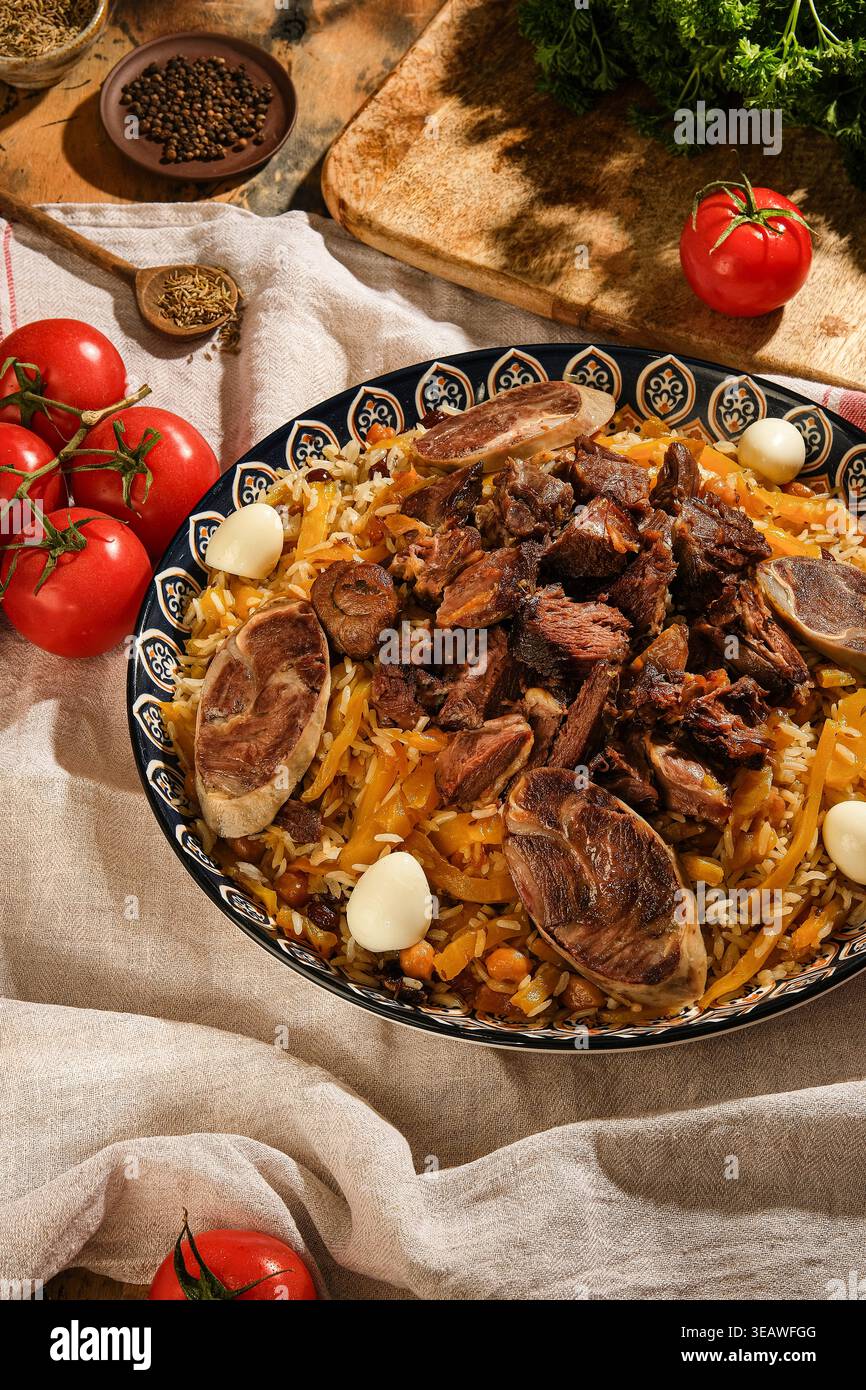 Festmahl im Landhausstil. Traditionelles rustikales Gericht mit lebhaften Zutaten Stockfoto