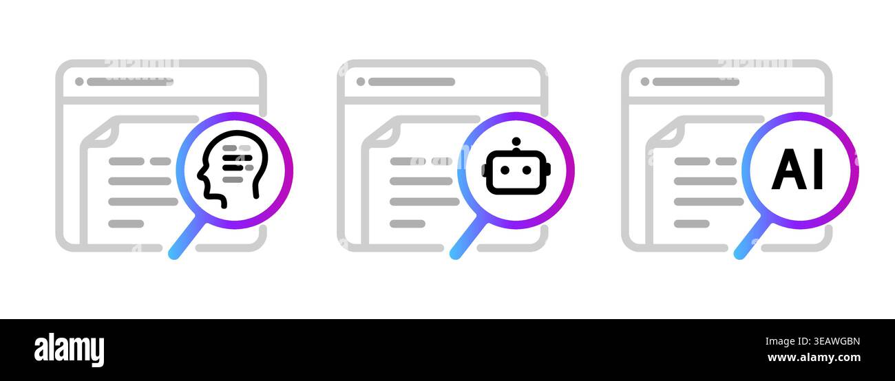 Symbole zur Inhaltserkennung künstlicher Intelligenz, die eine Lupe über Dokumenten zeigen, identifizieren KI-generierte Text-Roboter-Chatbot, die digital schreiben Stock Vektor