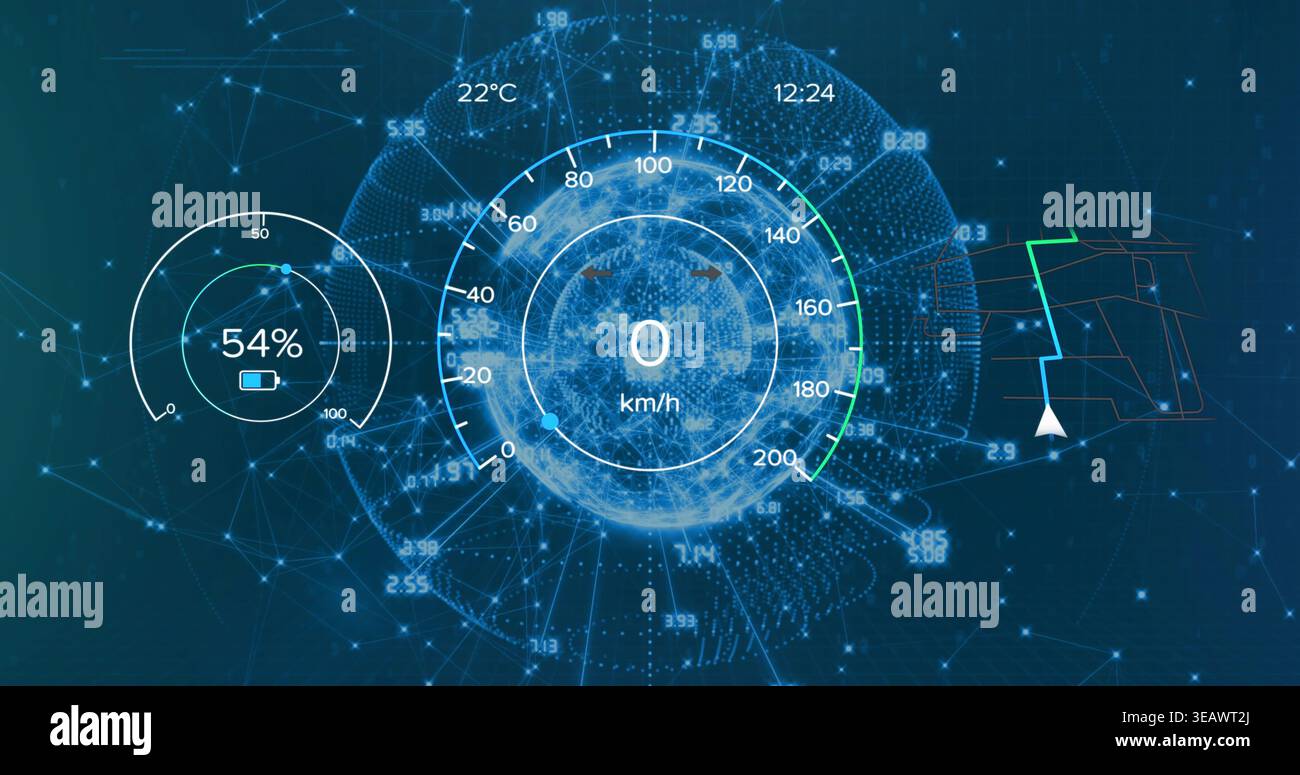 Anzeige des zentralen HUD-Tachometers über der leuchtenden Drahtmodellkugel im Armaturenbrett, mit Batterie-54 % Stockfoto