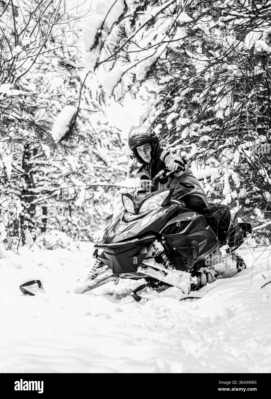 Schneemobil im Schnee. Pilot auf einem Schneemobil in einem Bergwald. Schwarz, weiß Stockfoto