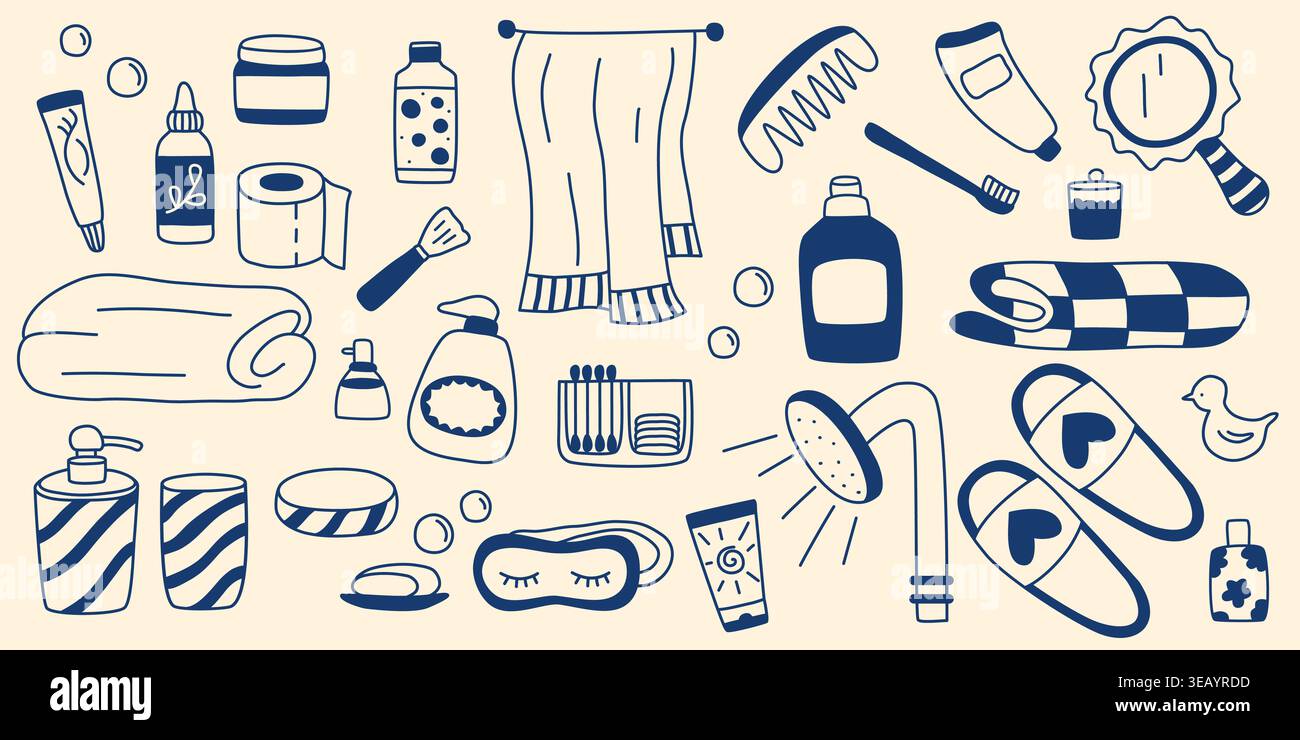 Set handgezogener Accessoires für Baden, Hygiene und Hautpflege. Badezimmerelemente im Doodle-Stil. Einfache Strichzeichnungen von Produkten, Verpackung Stock Vektor