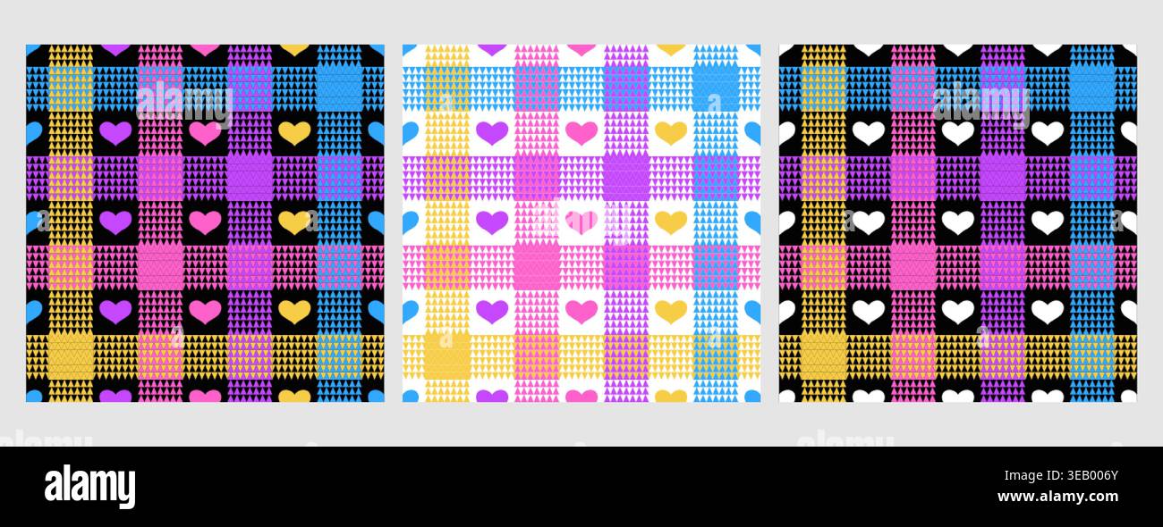 Nahtloses Karomuster mit bunten und weißen, süßen Herzen. Geometrische Textur mit Gingham-Karomuster für Tischdecken, Textildruck und valentinstag. Quadratischer Vichy-Hintergrund mit karierter Tapete Stock Vektor