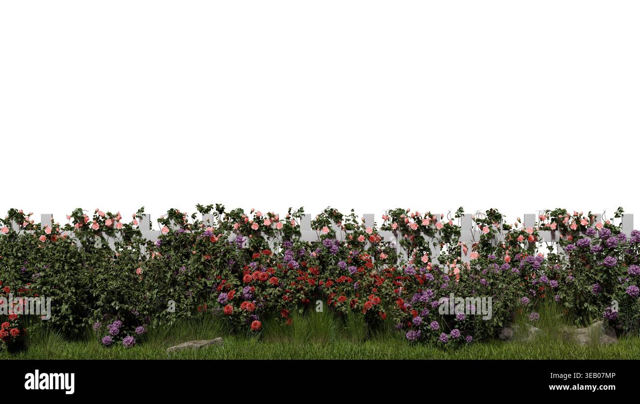 Blumen in verschiedenen Farben blühen entlang eines weißen Zauns. Grünes Gras bedeckt den Boden und verleiht dem Garten Leben. Szene zeigt eine Mischung aus hellen Farben unter Stockfoto