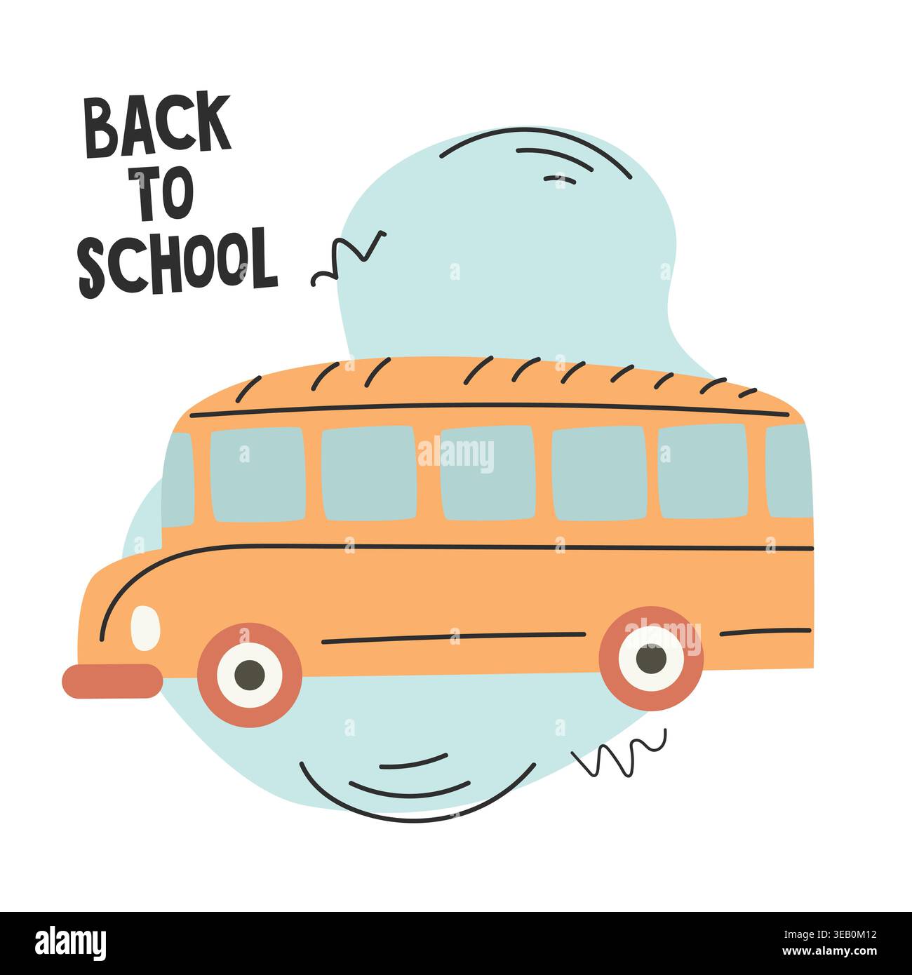 Abbildung eines gelben Schulbusses mit hellblauem Hintergrund und dem Text „Back to School“ in verspielter Schrift, geeignet für pädagogische Themen und Stock Vektor