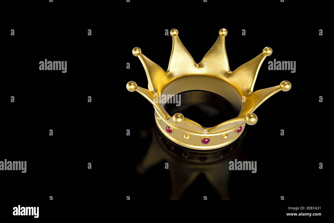Goldene Krone mit roten Juwelen 3D schwarze Oberfläche Stockfoto