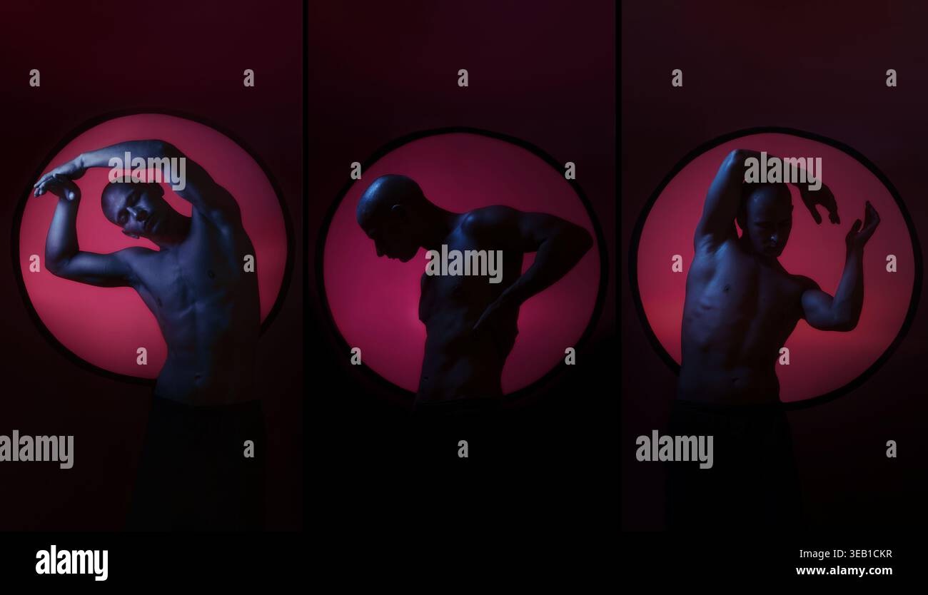 Triptychon einer männlichen Silhouette gegen ein rotes Rundlicht. Künstlerische Posen filmische blaue Beleuchtung, konzeptionelle Kunstfotografie auf dunklem Hintergrund Stockfoto