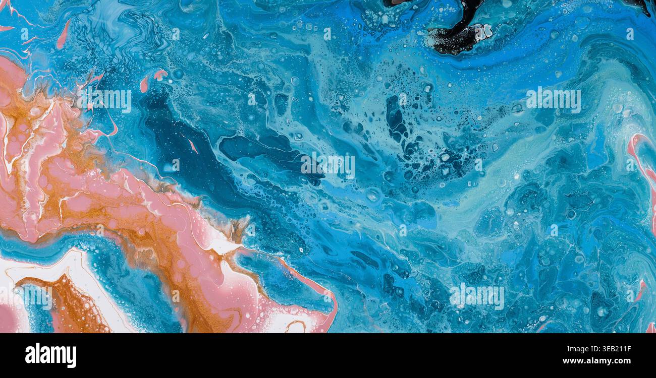 Abstrakte, fließende Kunst-Kreation mit lebendigem Blau und Rosa in einem glatten Wellenmuster Stockfoto