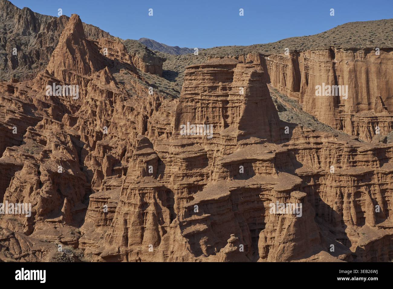 Rote Felsformationen, Canyonlandschaft mit klarem blauem Himmel Stockfoto