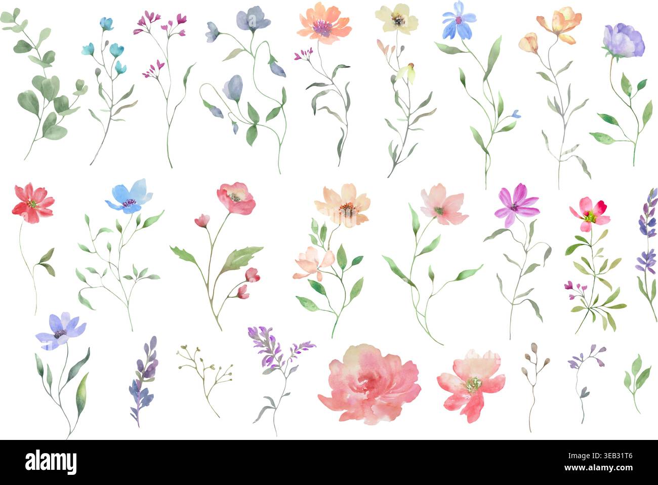 Blumenelemente in Aquarellfarben mit rosa, lila, blauen Blüten und grünen Blättern. Botanische handgemalte Sammlung isoliert auf weiß. Vektor-EPS. Stock Vektor