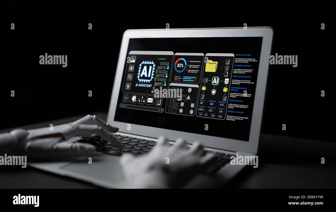 Futuristische Schnittstelle für künstliche Intelligenz auf Laptop mit robotischer Handinteraktion in dunkler Umgebung Fluxor. Stockfoto
