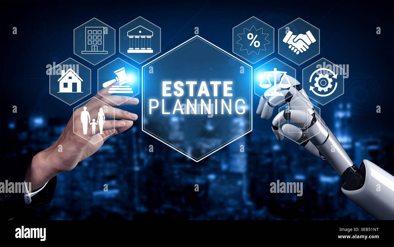 Zusammenarbeit von Mensch und Roboter in der Immobilienplanung mit digitalen Symbolen, die Schlüsselkonzepte und Dienstleistungen in einem modernen Geschäftsumfeld darstellen Quark. Stockfoto