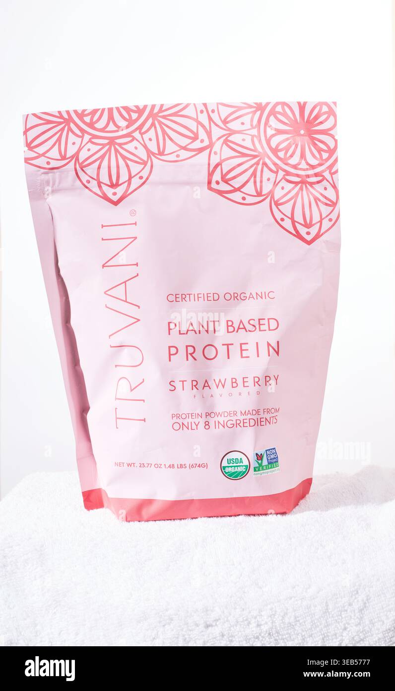 Truvani-Zertifiziertes Bio-Pflanzliches Protein. Zertifiziert nach WFCF Organic. Stockfoto