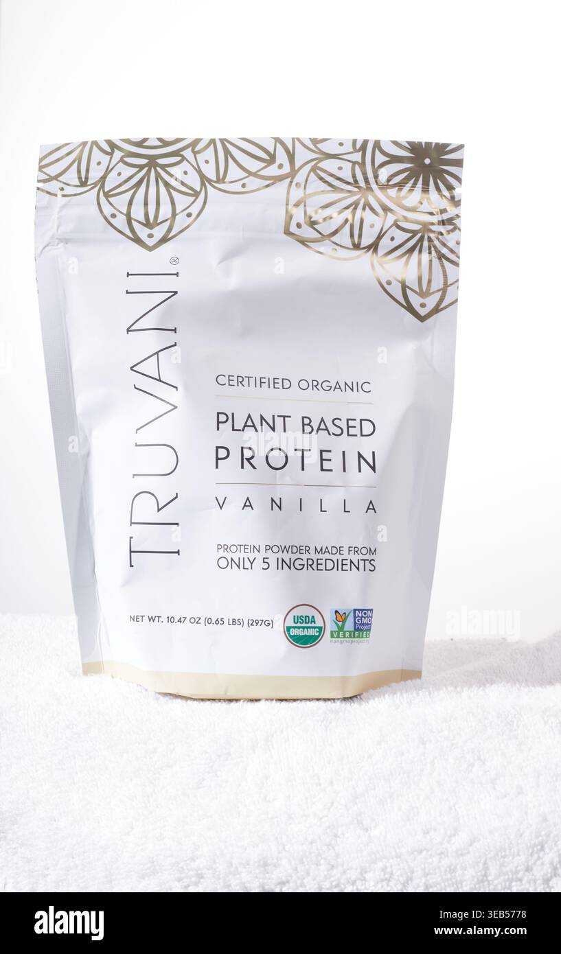 Truvani-Zertifiziertes Bio-Pflanzliches Protein. Zertifiziert nach WFCF Organic. Stockfoto