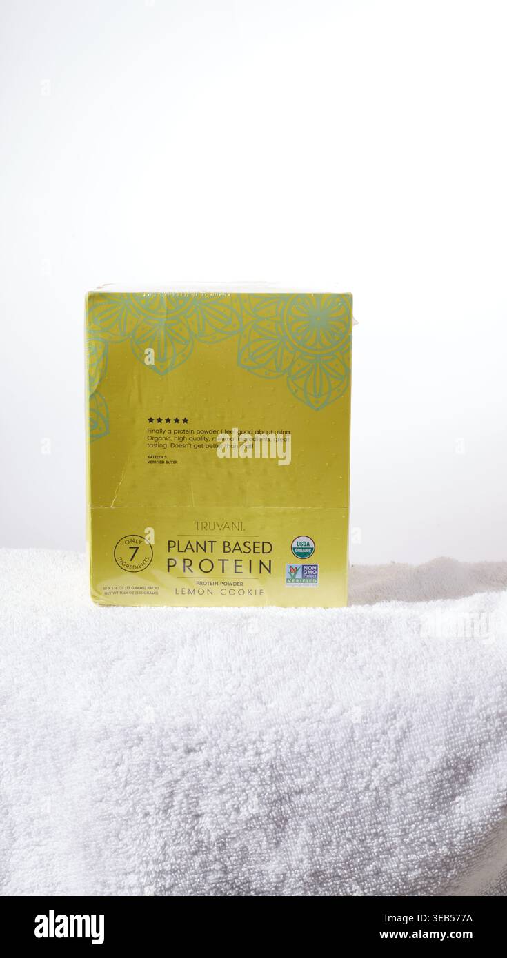 Truvani-Zertifiziertes Bio-Pflanzliches Protein. Zertifiziert nach WFCF Organic. Stockfoto