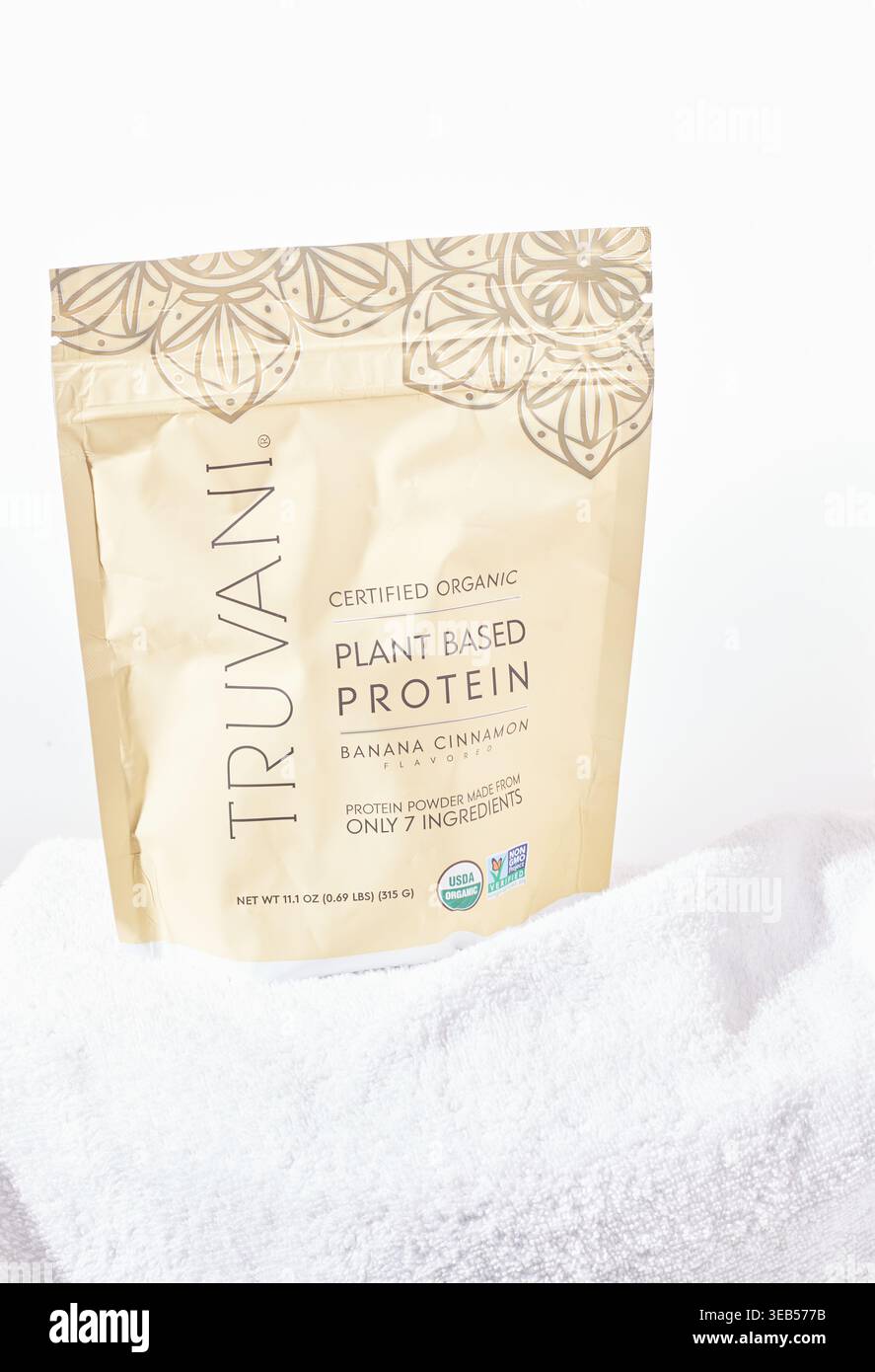 Truvani-Zertifiziertes Bio-Pflanzliches Protein. Zertifiziert nach WFCF Organic. Stockfoto