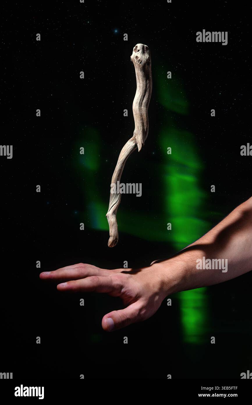 Konzeptionelle Kunst einer Hand, die unter einem schwebenden Ast vor einem Sternenhimmel und aurora schwebt. Metapher für Magie, Telekinese und Natur. Stockfoto