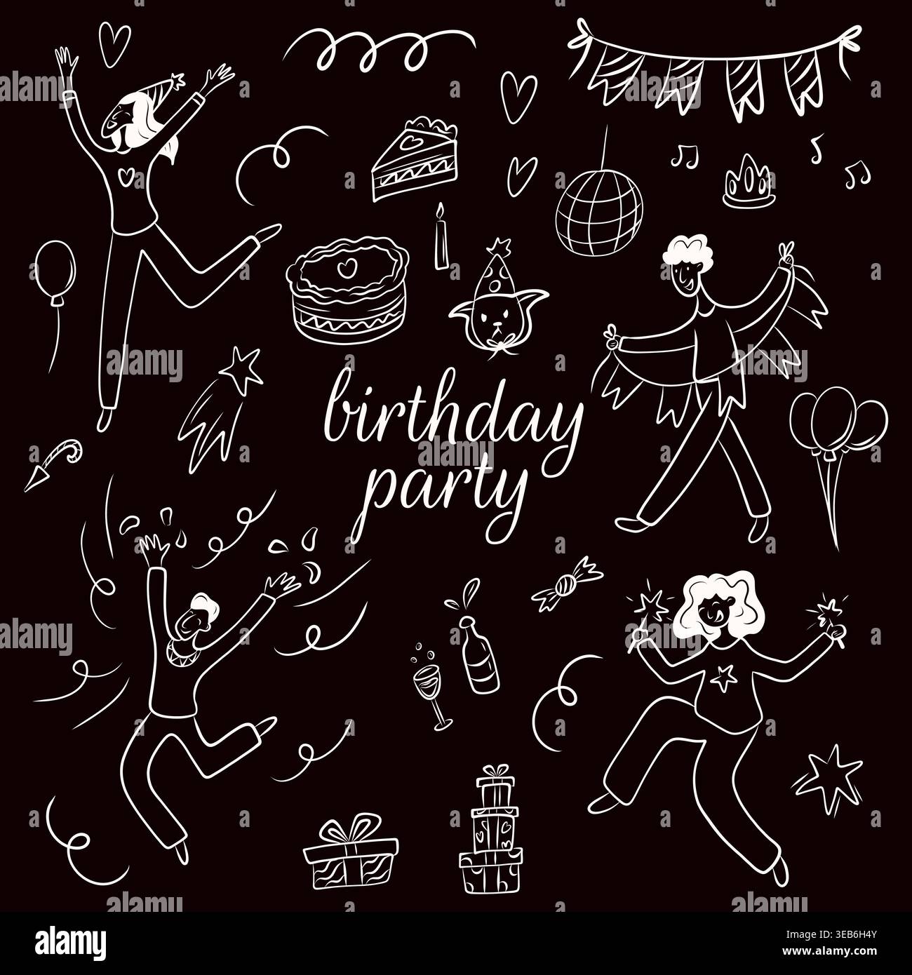 Vektor-Illustration einer Geburtstagsparty im Doodle-Stil. Party, Karneval, Feier Stock Vektor