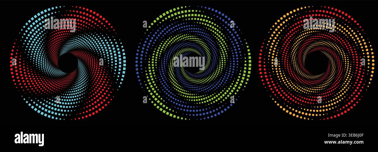 Set aus drei abstrakten kreisförmigen Rastermustern mit lebhaften Verläufen, geometrischen Spiralwirbelelementen auf schwarzem Hintergrund Stock Vektor