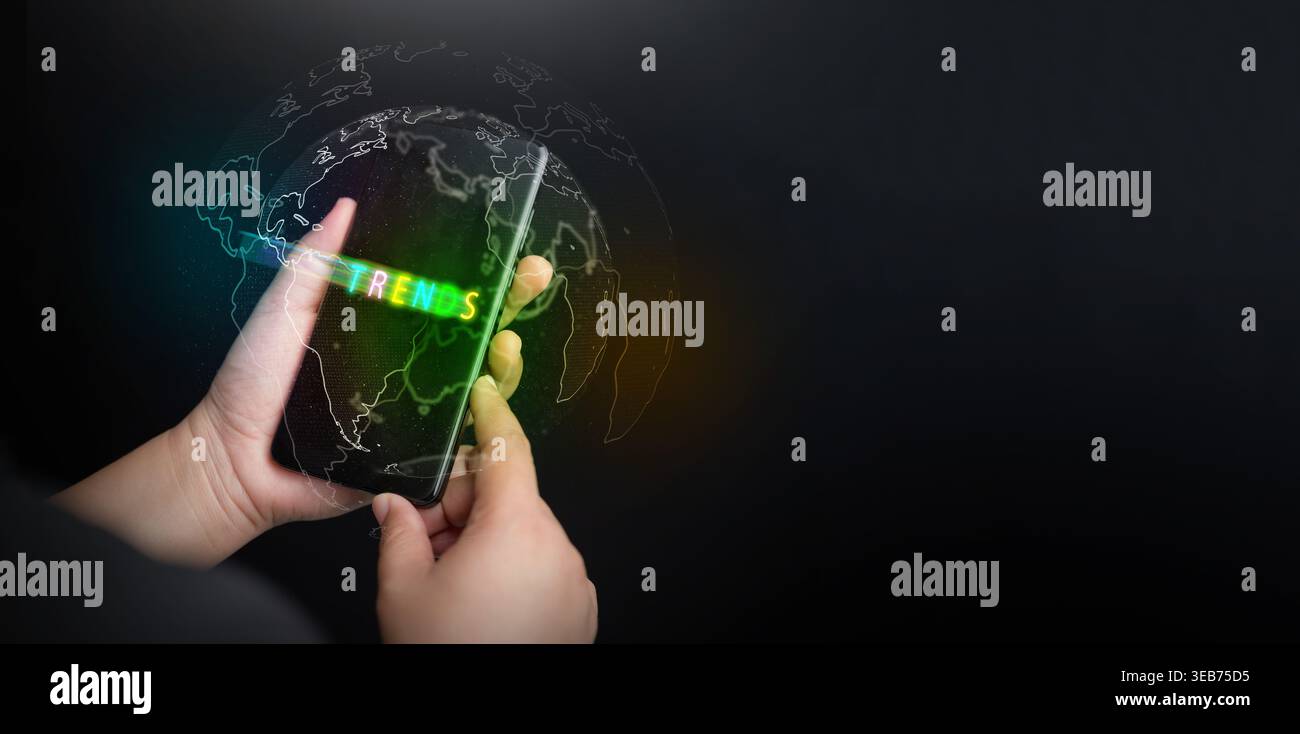 Konzept für Geschäfts- und Technologietrends. Handheld-Smartphone mit leuchtendem Neontext und einer digitalen Weltkarte zur Darstellung der globalen Marktanalyse, Mo Stockfoto