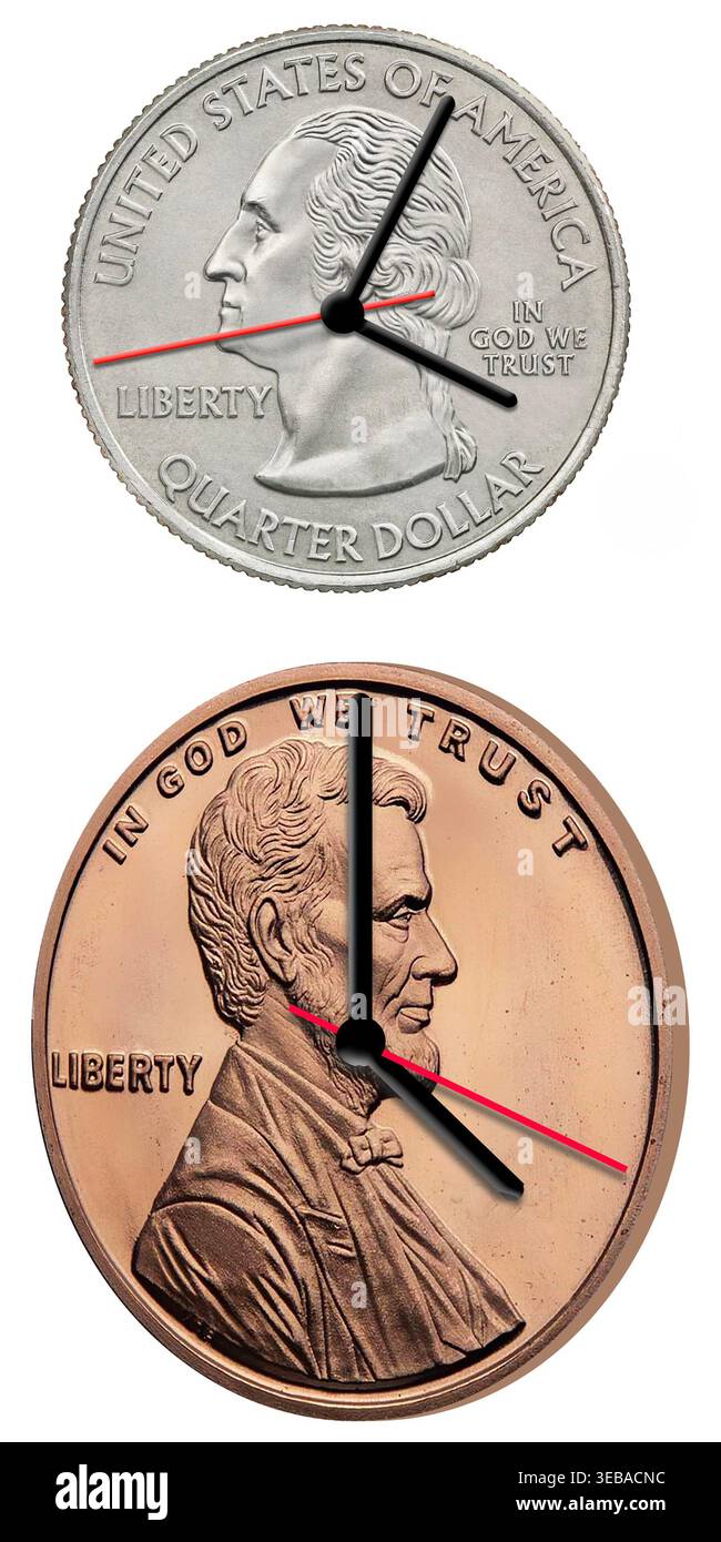 Ein US-Pfennig und ein Viertel sind mit Uhrzeigern zu sehen, die wie Uhren aussehen, in einer 3D-Illustration, auf der steht: „Zeit ist Geld“ oder Zeit ist wertvoll. Stockfoto