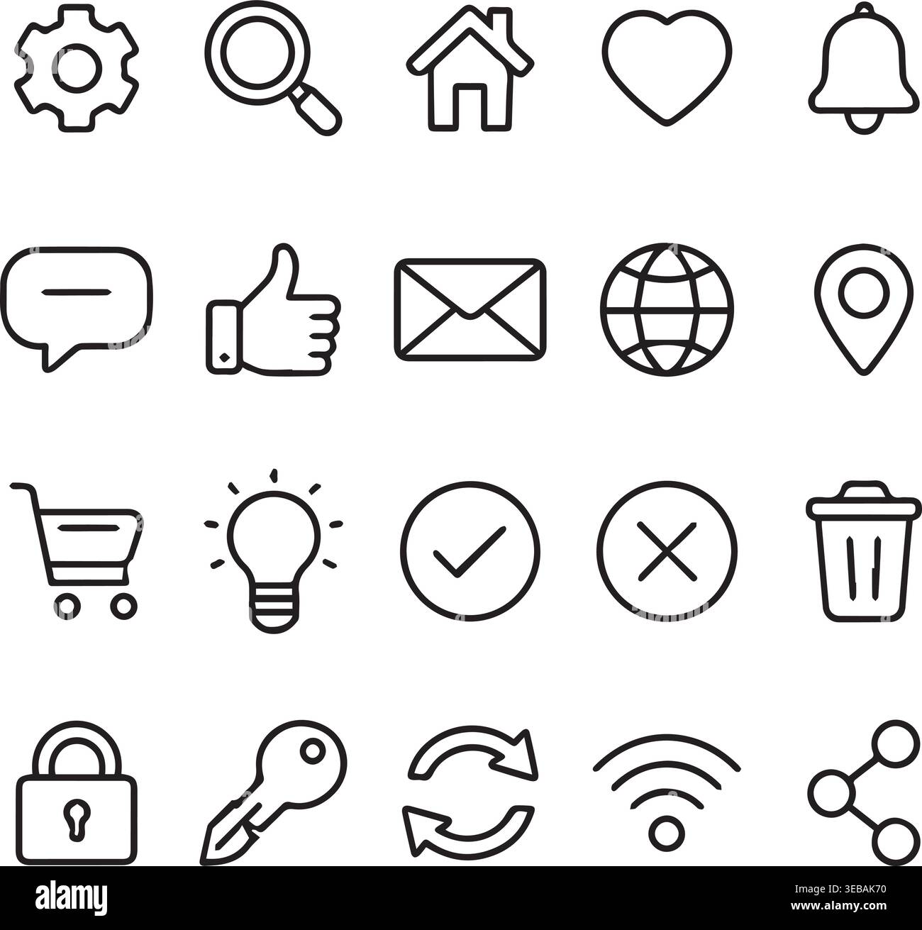 Einfache Umrisssymbole für Web- und Benutzeroberflächenelemente Einstellungen Suche Home Herzglocke Chat Daumen hoch E-Mail mit Daumen. Stock Vektor