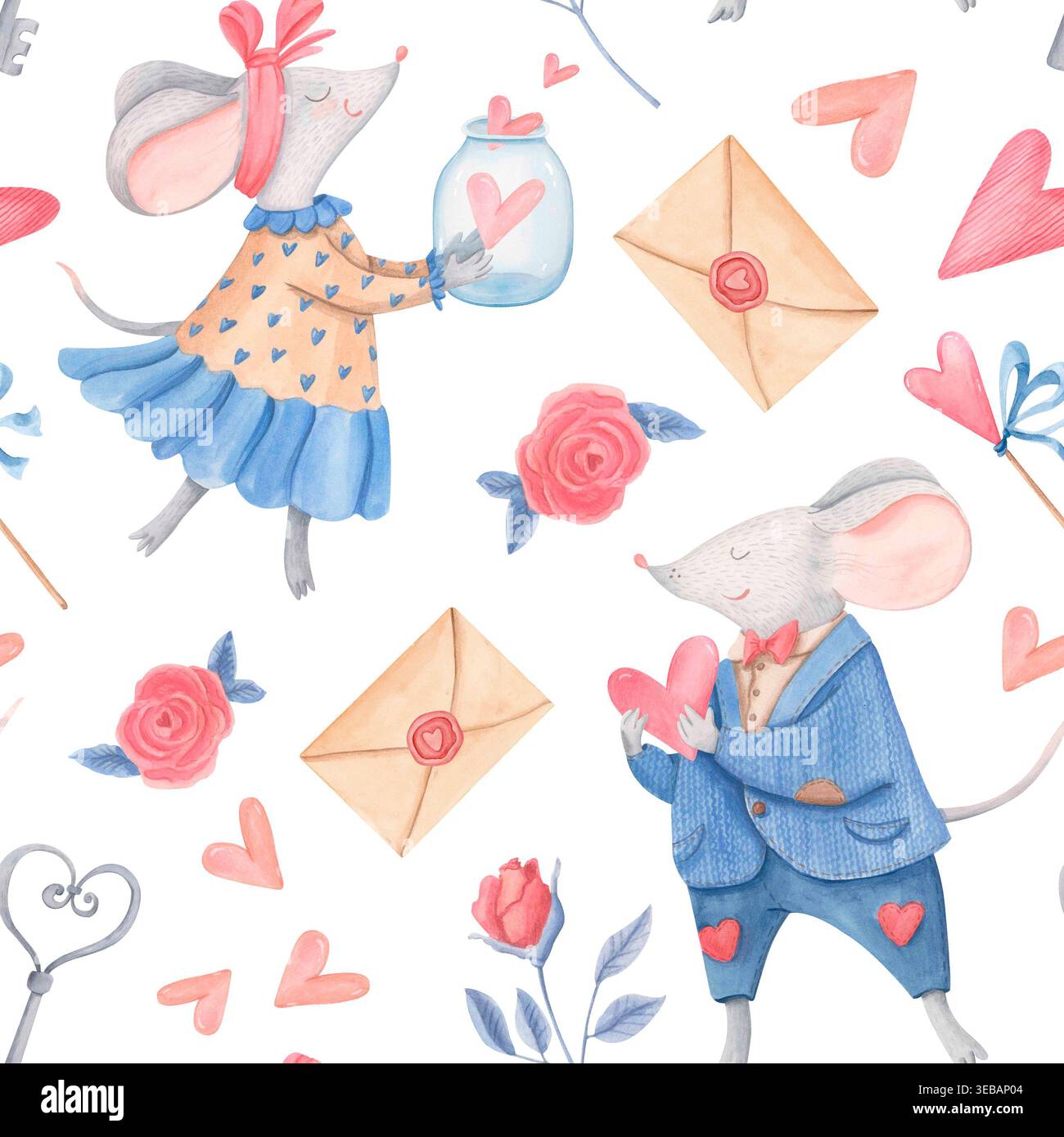 Aquarell valentinstag nahtloses Muster mit niedlichen Mäusen, Herzen und Liebesbriefen, Hand gezeichneter romantischer Illustration Hintergrund Stockfoto