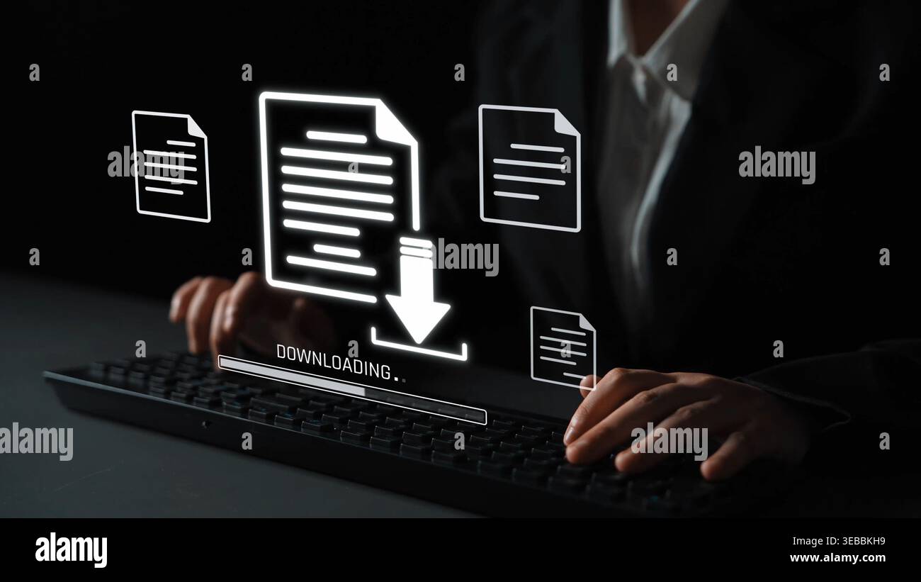 Visuelle Darstellung des Downloads digitaler Dokumente, die Dateiübertragung, Datenzugriff und Fortschrittsstatus für sichere und effiziente Informationen zeigt Stockfoto