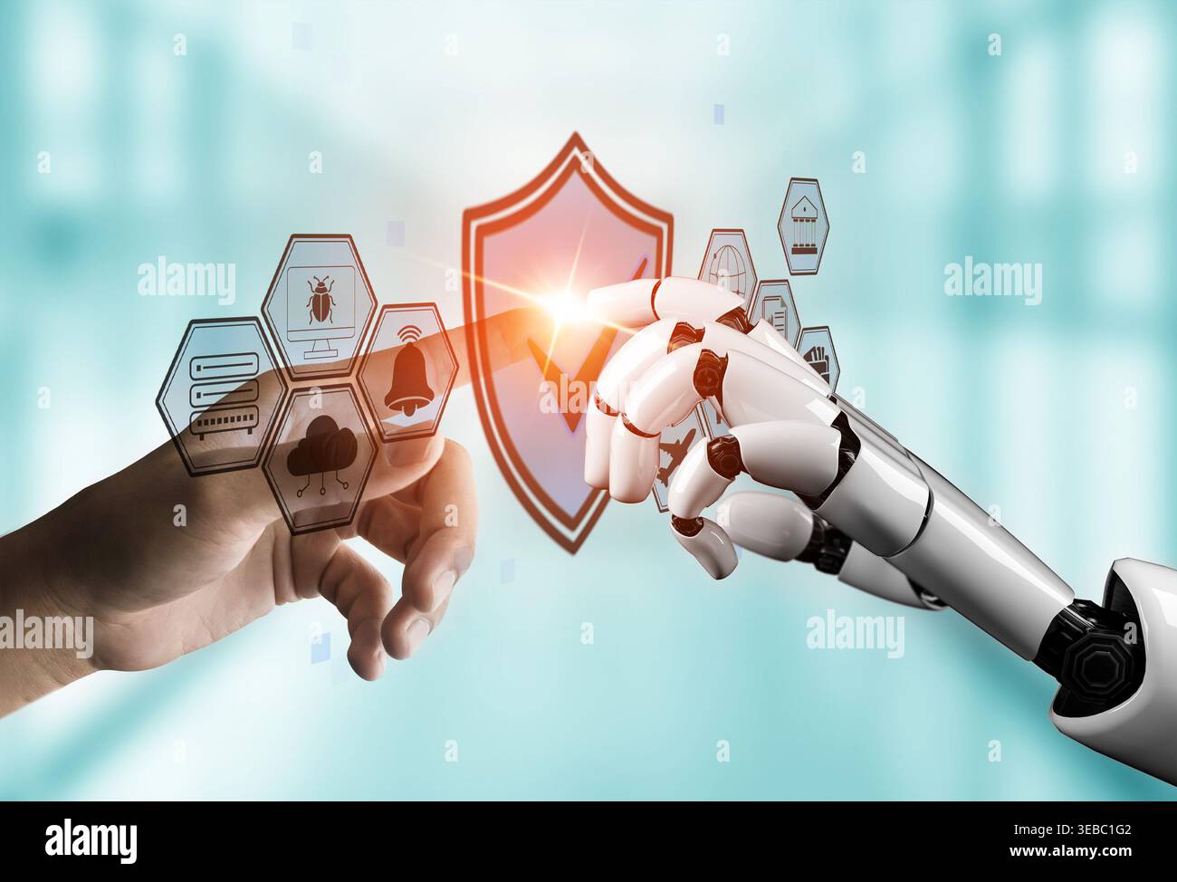 Mensch- und Roboterhandverbindung mit digitalen Sicherheitssymbolen, die Vertrauen, Innovation und Technologieintegration in Modern Society Quark repräsentieren. Stockfoto