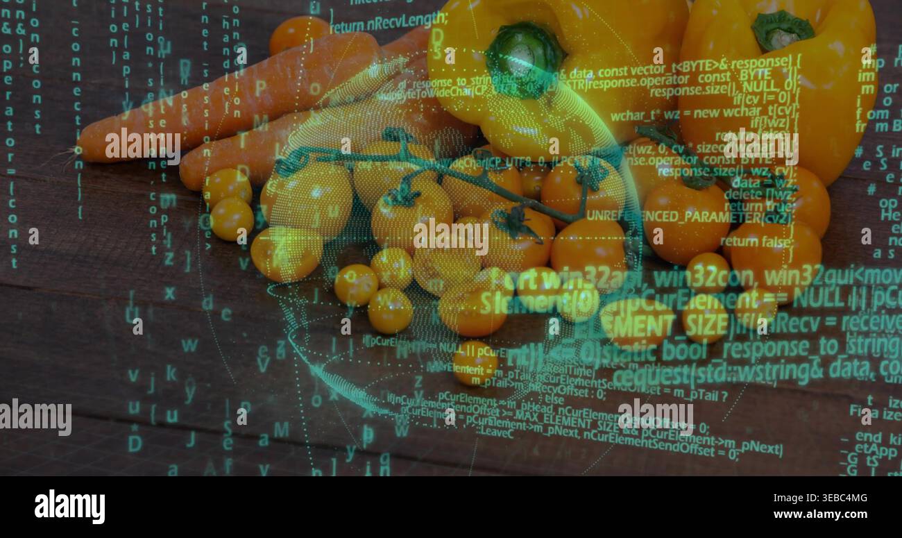 Mit Orangenpaprika, Kirschtomatenrebe und Karotten auf dunklem Brett, mit Petrol-Code-Kugel Stockfoto