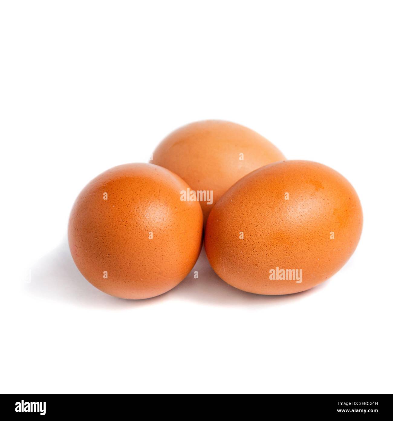 Gruppe von drei frischen braunen Hühnereiern isoliert auf weiß. Eiweißhaltiges Erzeugnis aus ökologischem Landbau für kulinarische Zwecke. Stockfoto