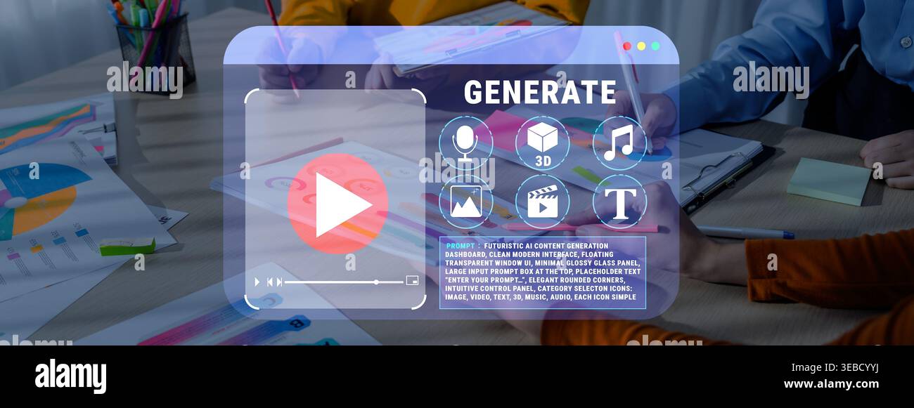 Kreativer Arbeitsbereich mit Team Collaboration zu Konzepten und Visuals der digitalen Generation, fokussierte Hände arbeiten an bunten Diagrammen und Graphics Quark. Stockfoto