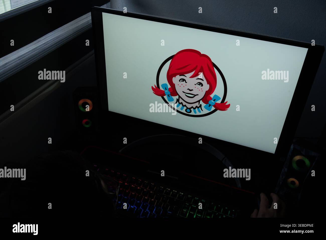 Das Logo des Wendy's Fast-Food-Restaurants mit dem rothaarigen Mädchen-Maskottchen wird auf einem Computerbildschirm angezeigt Stockfoto