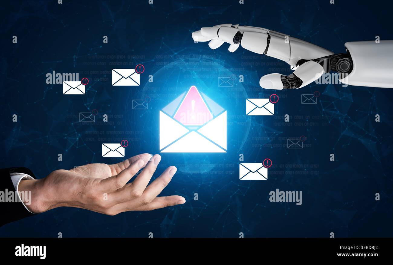 Ein KI-Assistent erkennt eine kritische Cybersicherheitsbedrohung und identifiziert eine Phishing-E-Mail im Posteingang. Dieses intelligente System gibt eine Warnung aus, um einen zu verhindern Stockfoto