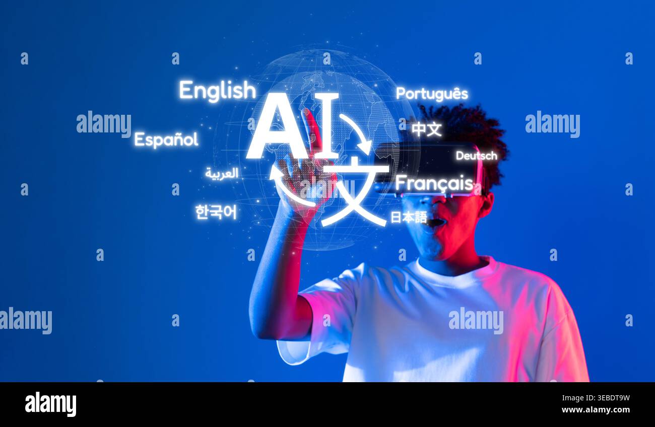 Ein junger Mensch nutzt ein Smartphone mit lebendiger KI-Sprachgrafik, das globale Kommunikation und technologische Innovation in einem symbolisiert Stockfoto