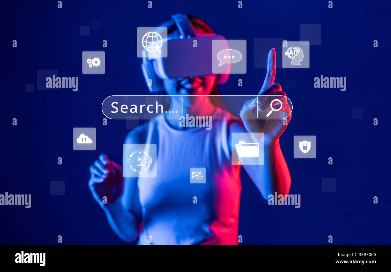 Ein Benutzer interagiert mit einer Virtual-Reality-Suchoberfläche und stellt moderne Technologien im digitalen Marketing und die Interaktion mit Benutzern für ein optimiertes Online-Erlebnis vor Stockfoto