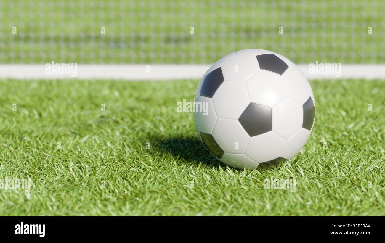 3D-Rendering eines klassischen schwarz-weißen Fußballballs auf einem grünen Rasenfeld mit verschwommenem Hintergrund im Stadionnetz. Konzept des Fußballspiels, Sports com Stockfoto