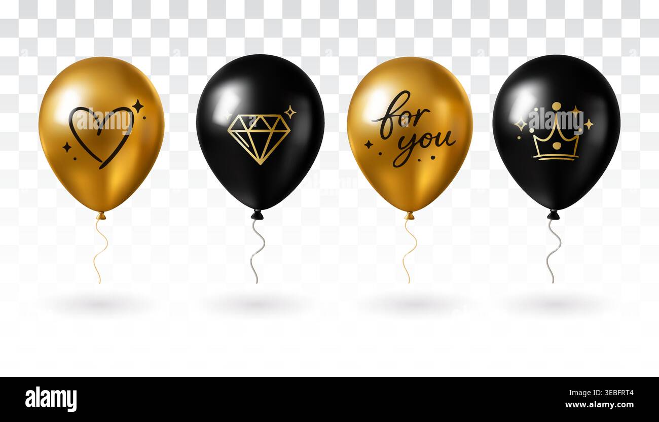 Set aus holografischen Ballons in Schwarz und Gold für Partyfeiern mit Diamantkrone mit Liebessymbolen Stock Vektor