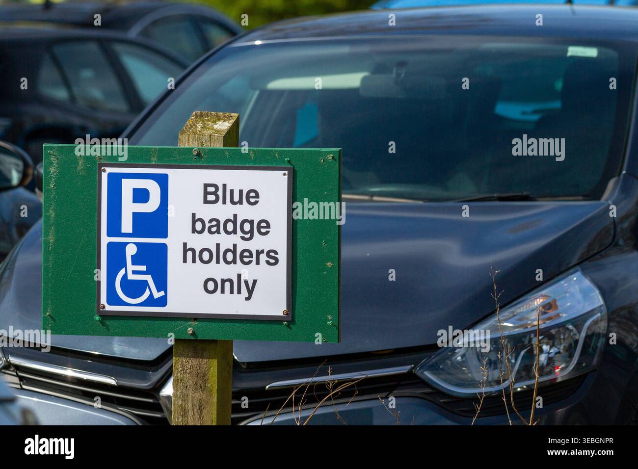 Das Schild „Blue Badge Holder Only“ weist auf einen reservierten Parkplatz für Behinderte hin. Stockfoto