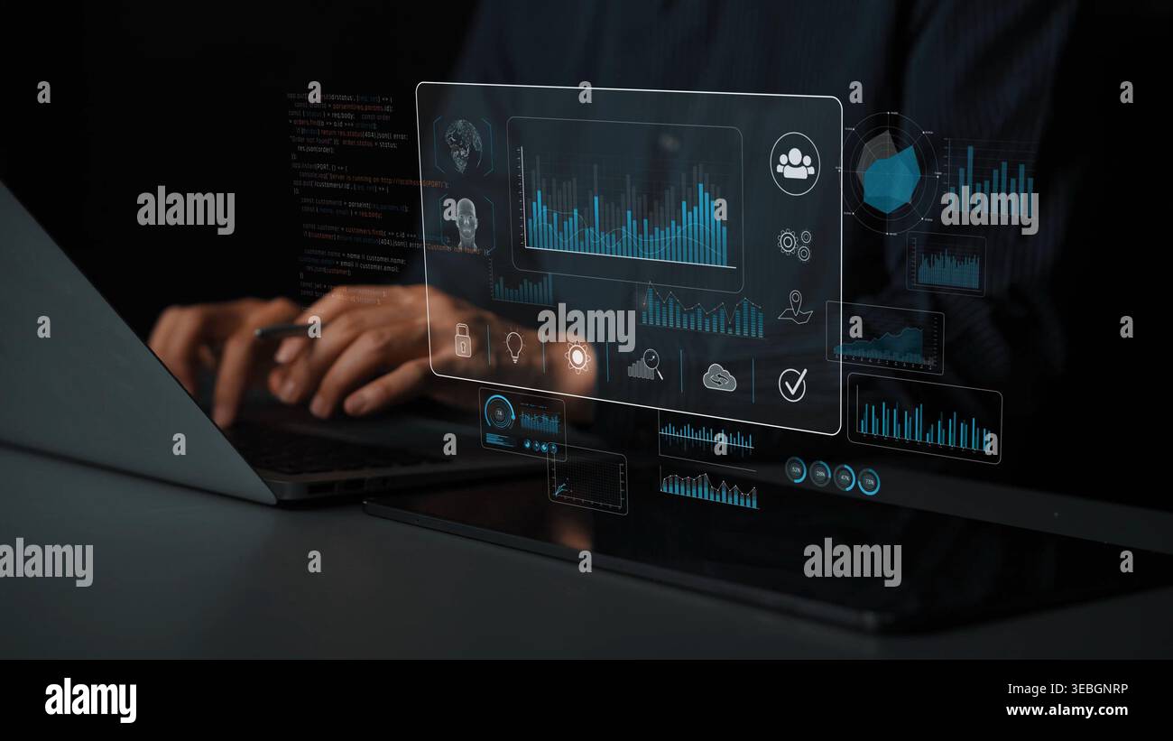 Das Daten-Dashboard und das Analysesystem unterstützen Geschäfts-, Analyse- und Dateneinblicke über zentralisierte Diagramme, Statistiken und Überwachungsoberfläche Stockfoto