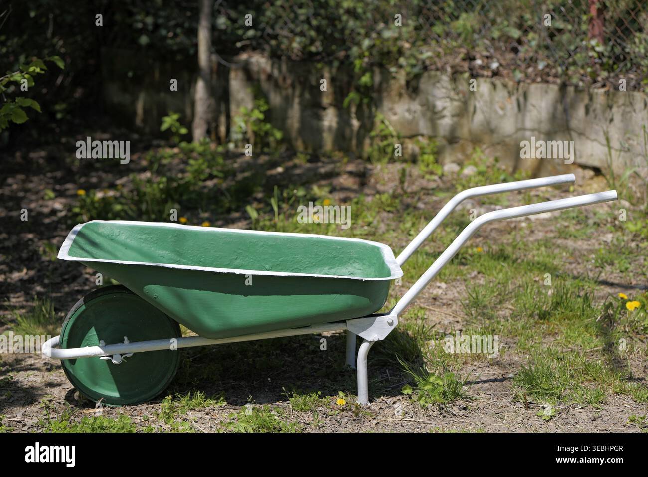 Grüne Gartenkarre mit weißem Metallrahmen auf grasbewachsenem Sandboden, umgeben von kleinen Blumen und ländlicher Umgebung im Freien. 2026 Stockfoto