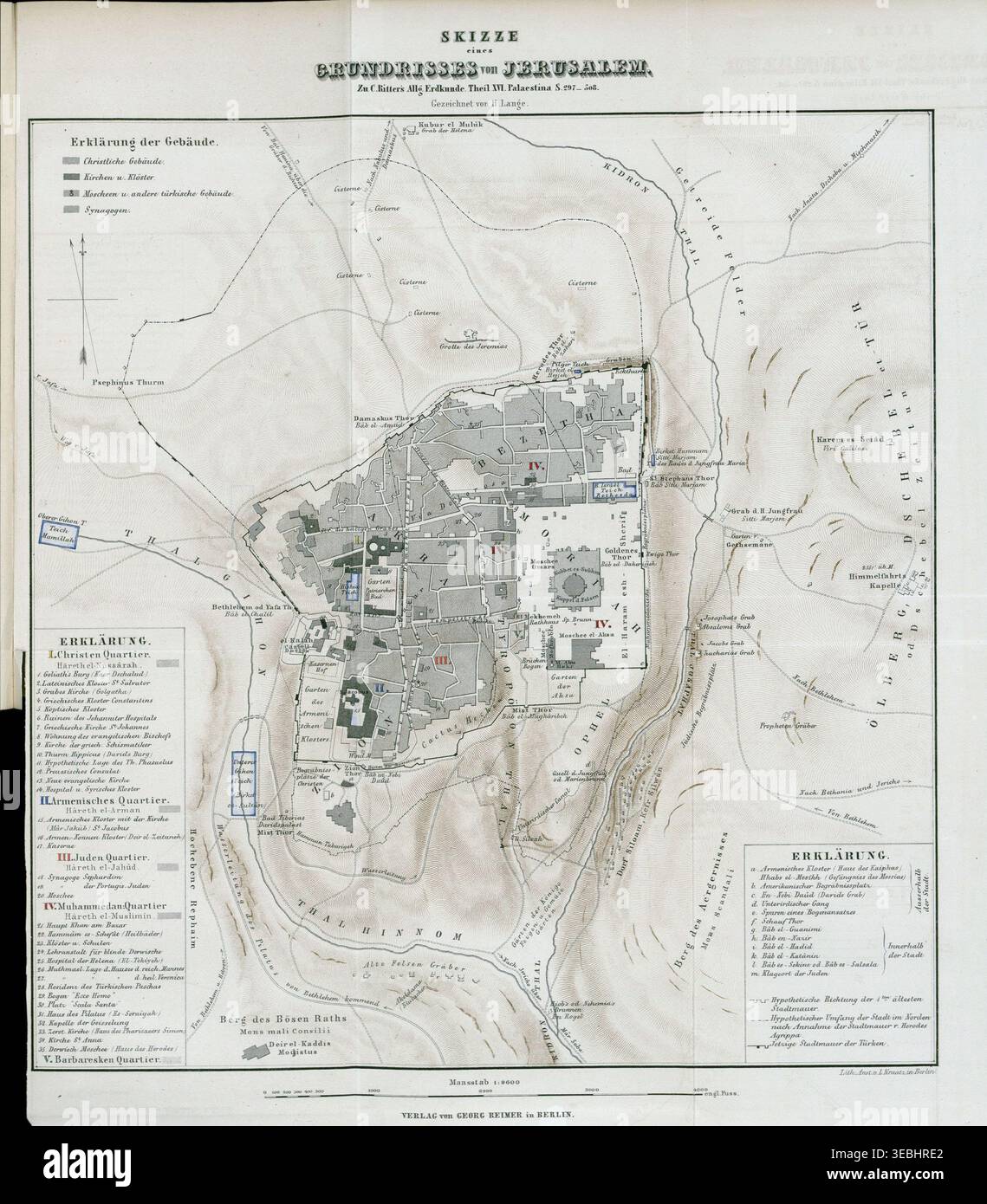 JERUSALEM - 3. März 2025 - historische Karte Jerusalems, die religiöse Viertel – christlich, armenisch, jüdisch, muslimisch, griechisch – zeigt heilige urb Stockfoto